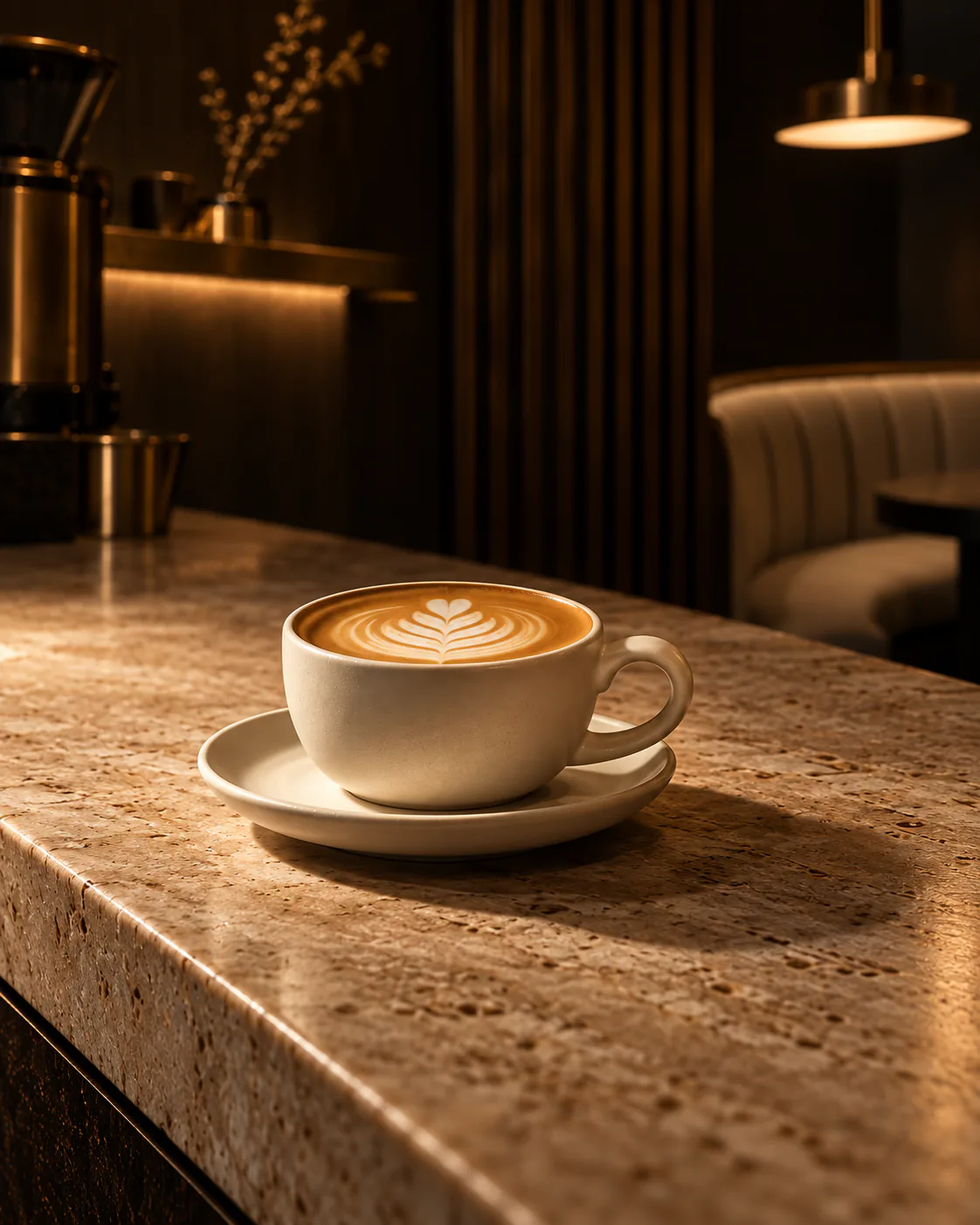 ÉMBER flat white on a travertine counter