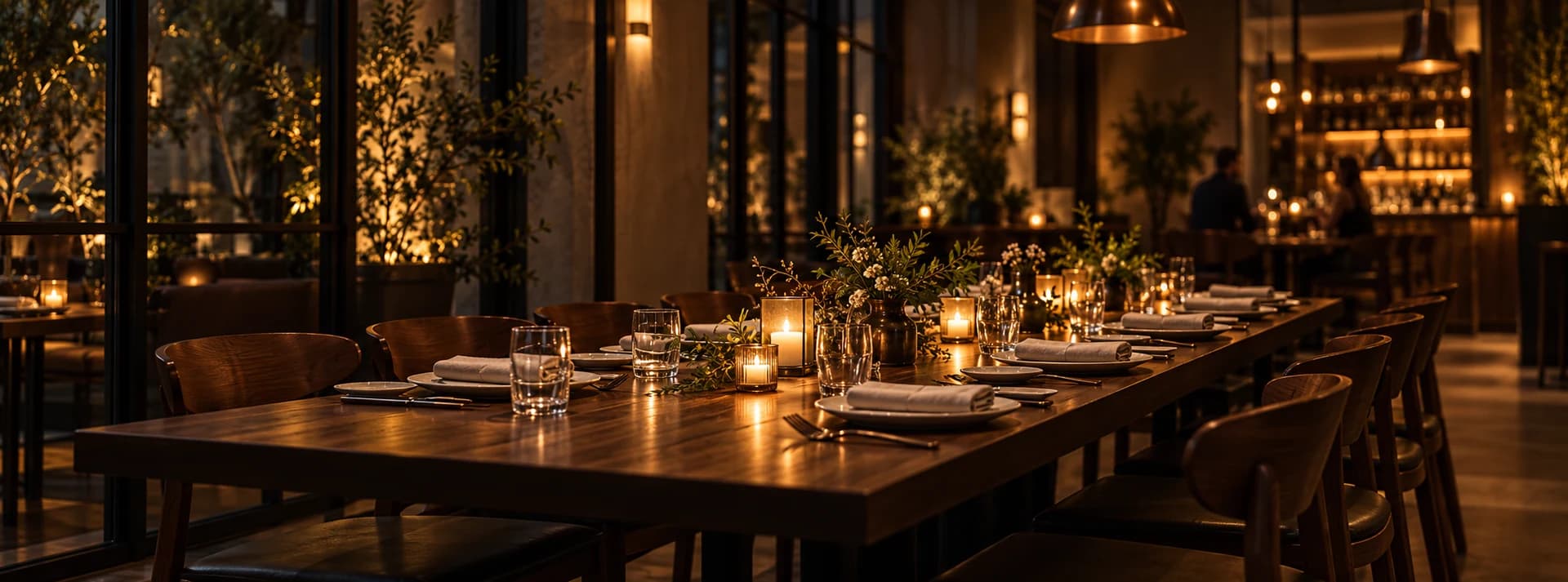 Candlelit private dinner table prepared for an intimate gathering at ÉMBER