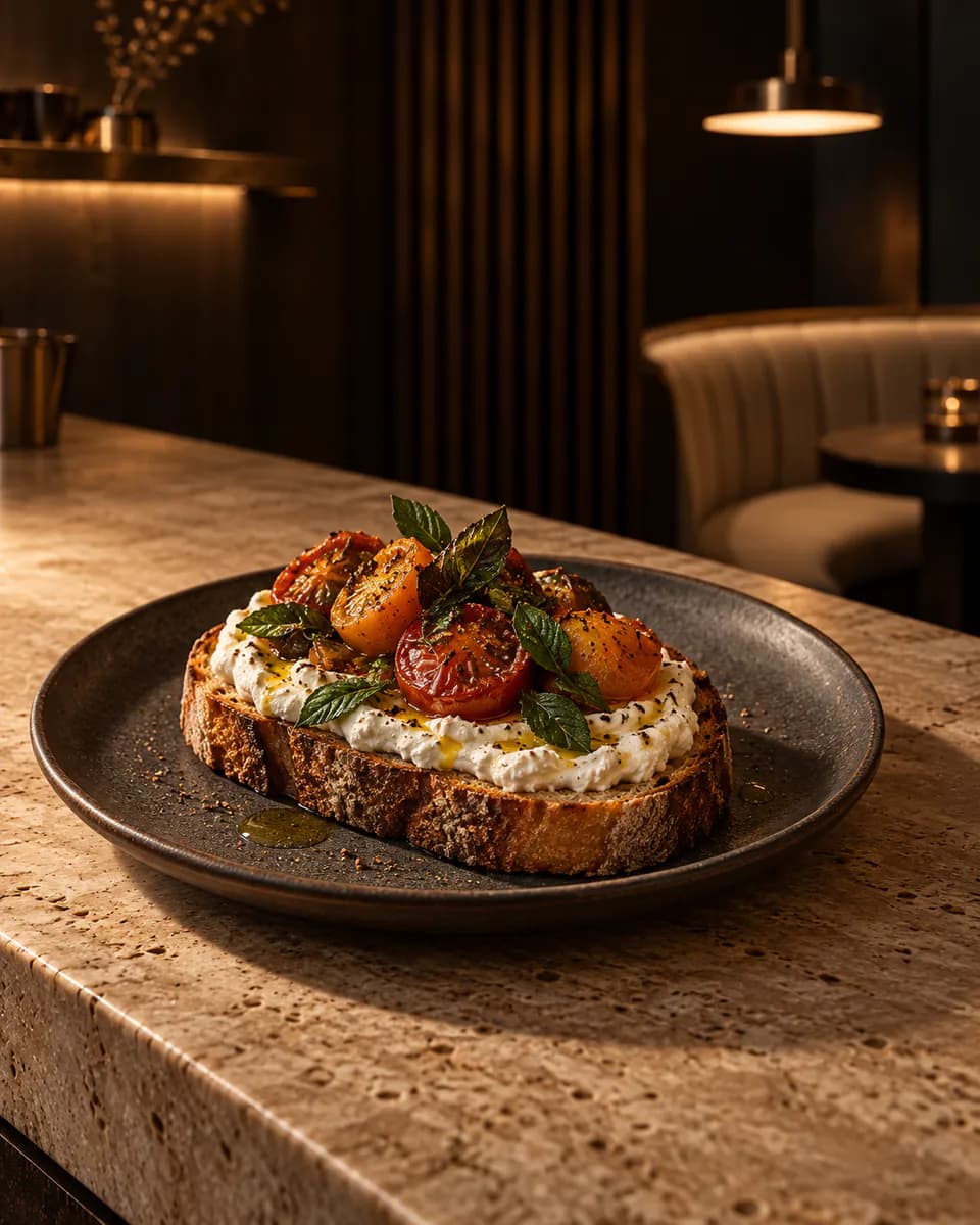 Sourdough toast with roasted tomatoes on a dark ceramic plate
