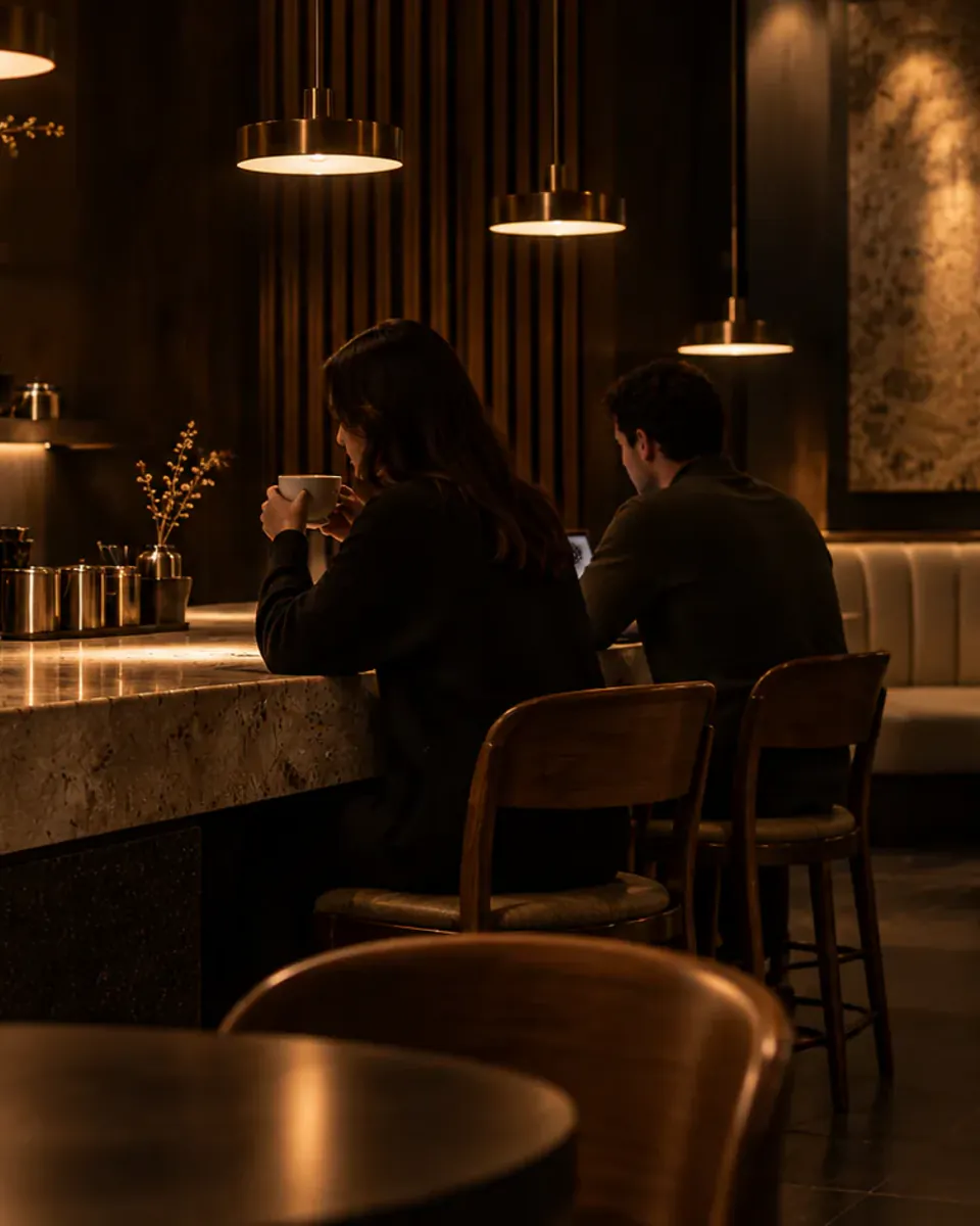 Guests seated along the coffee bar beneath bronze pendant lights