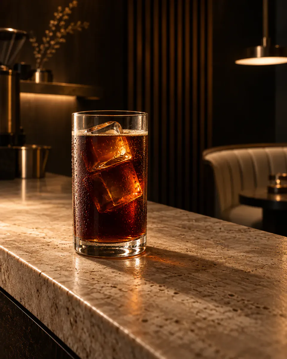 Cold brew catching afternoon light on the stone counter