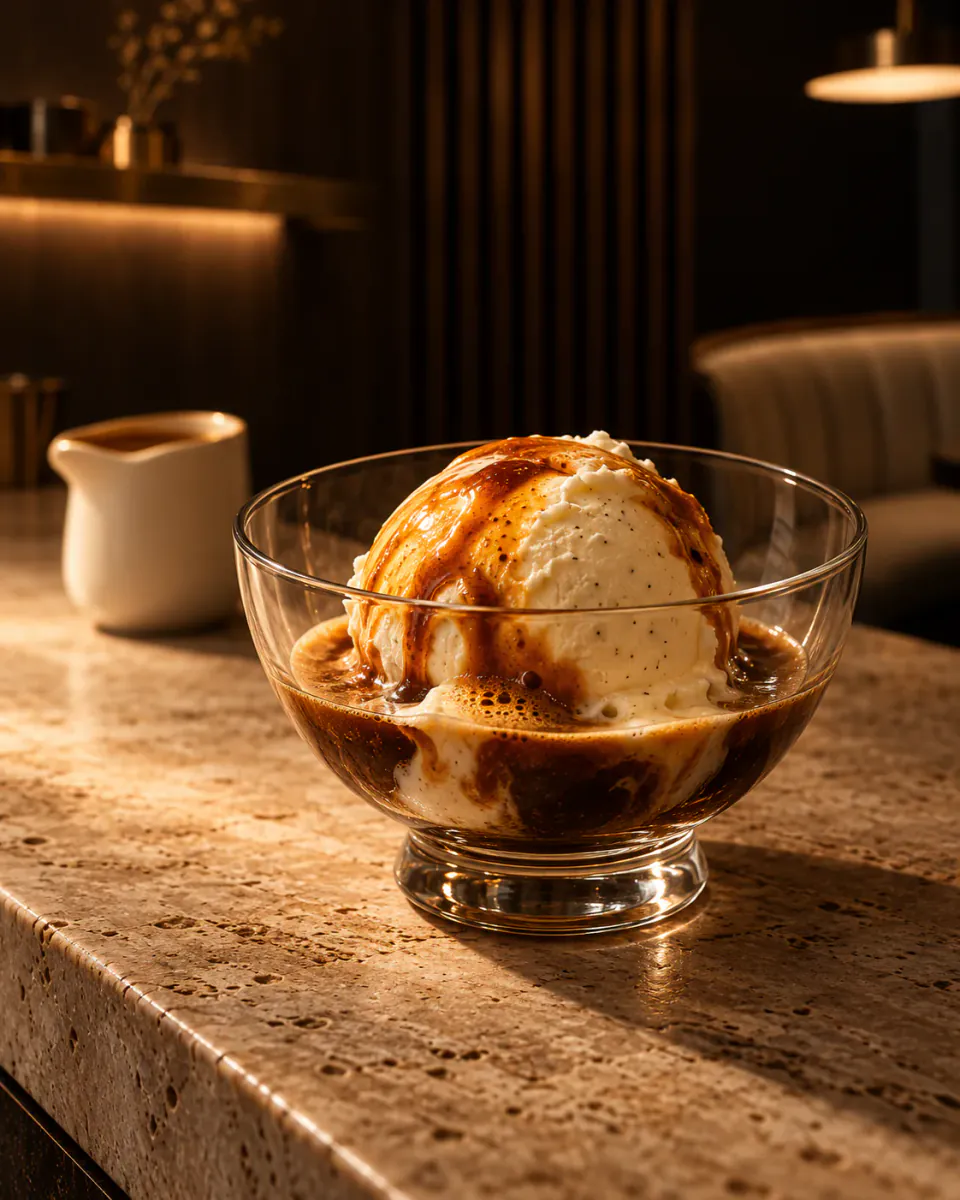 Affogato served in a glass bowl on the stone counter