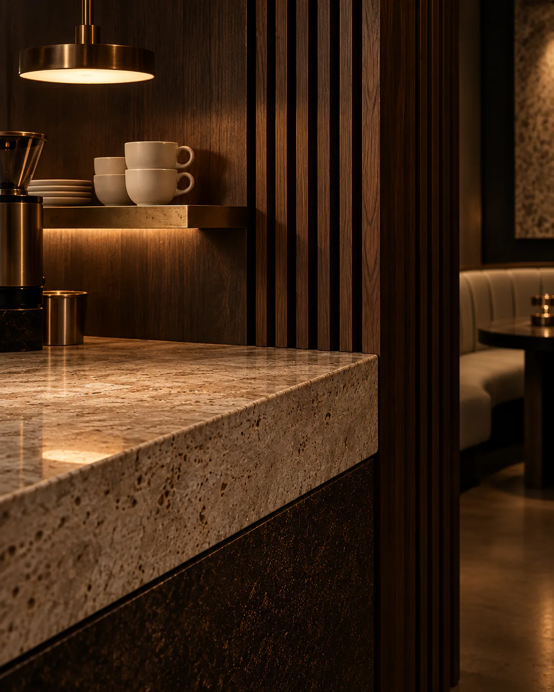 The travertine coffee bar at ÉMBER
