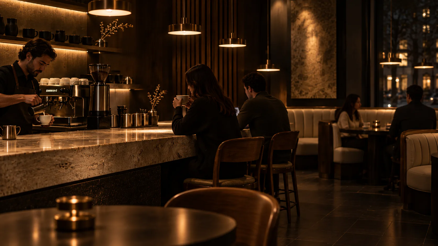 Evening service across the ÉMBER coffee bar