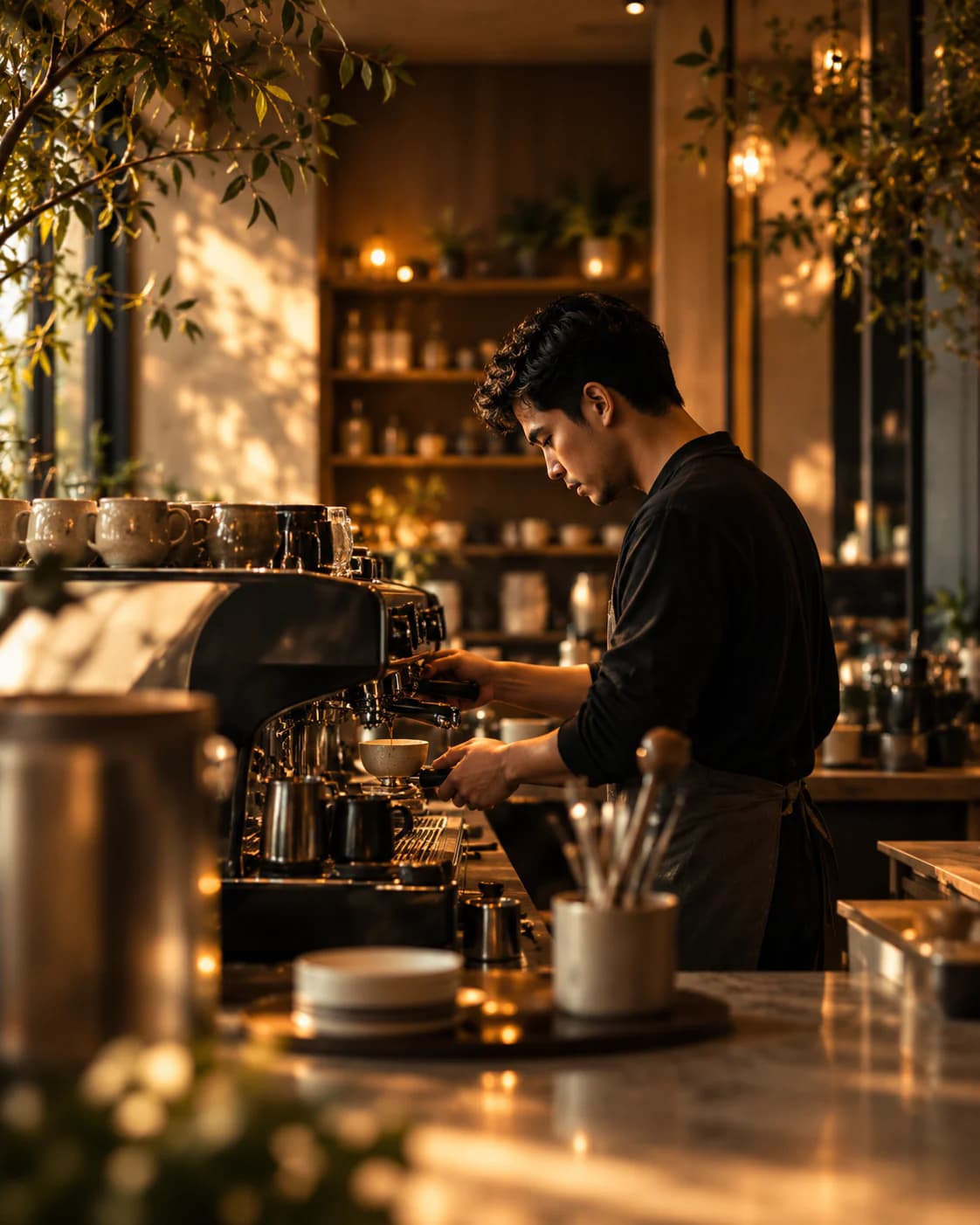 ÉMBER barista preparing coffee at the espresso machine