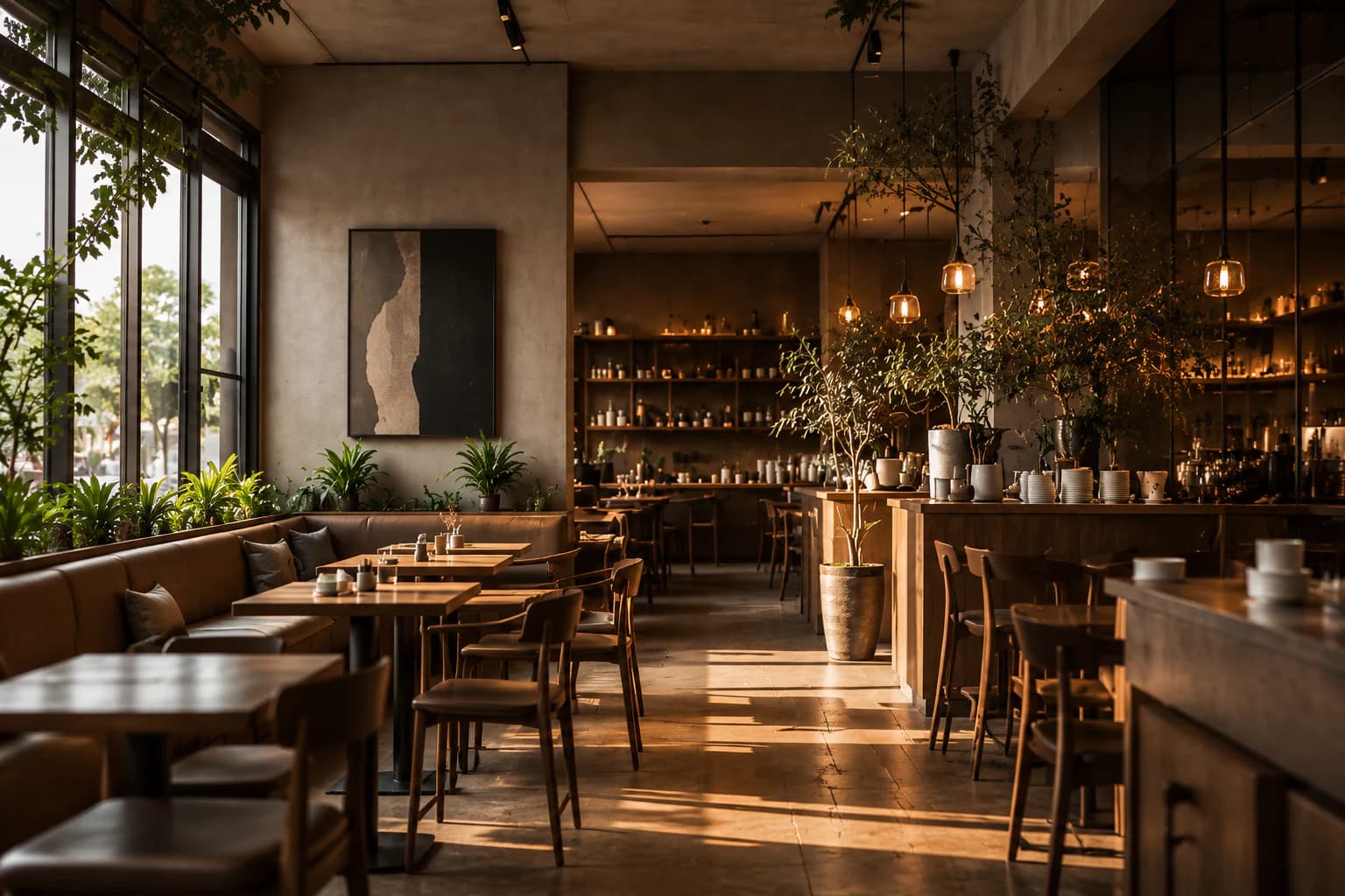 Warm sunlit interior of ÉMBER café with timber seating and coffee bar