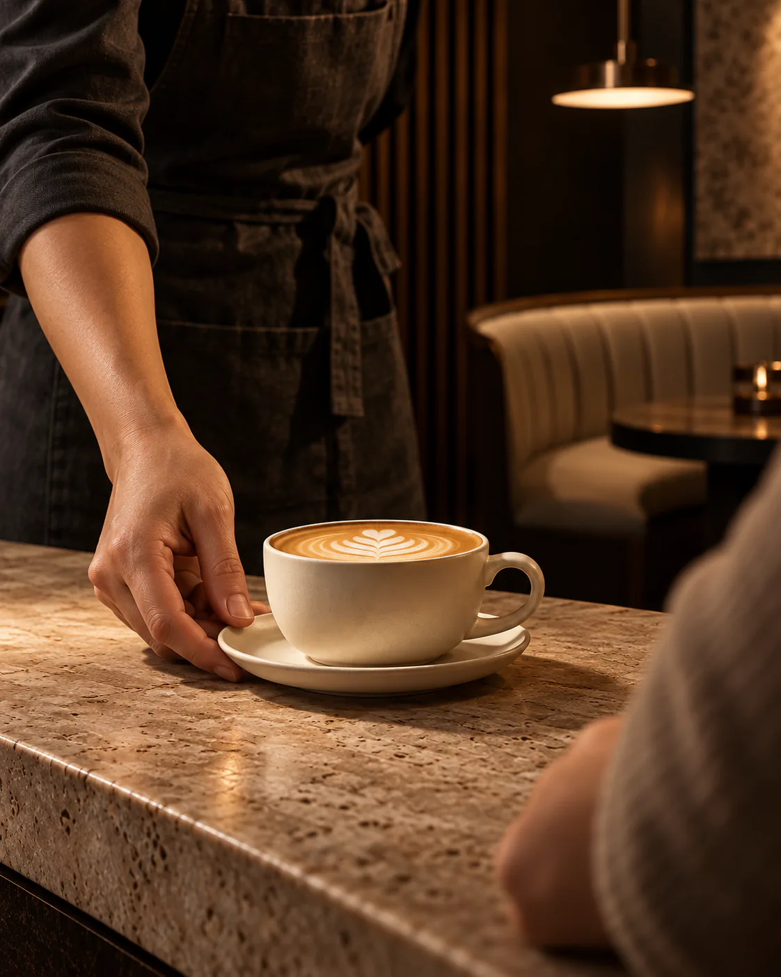 A latte is placed on the counter inside ÉMBER café